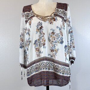 Maurices Womens Tunic Top Cream Brown Floral Boho 3/4 Sleeve Lightweight Size 1